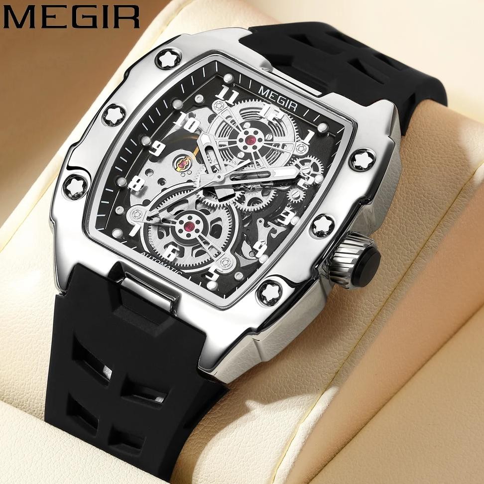 MEGIR Fashion Sport Alloy Case Men Mechanics Watch Waterproof Silicone Band Barrel Shaped Dial Lumin