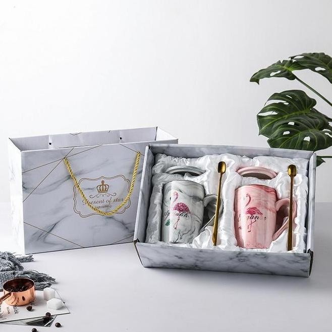 FLAMINGO Marble Couple Mug Mr Mrs Gelas Marmer Cangkir Set Premium Box LA