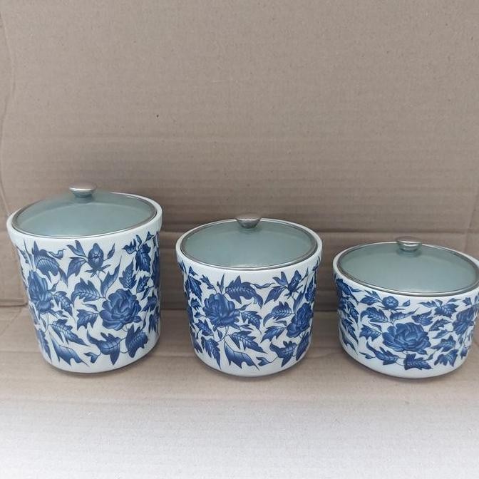 Toples keramik biru putih 3pcs/tempat bumbu gula kopi/set tempat bumbu NS