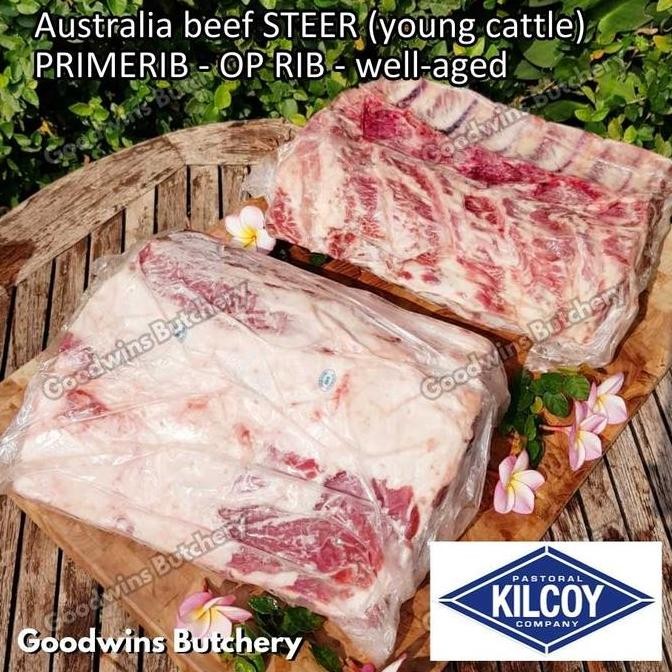 

Beef Primerib Op Rib (Oven Prepared) Aged-Frozen Whole 4-7 Ribs Australia Steer (Young Cattle) Kilcoy Blue Diamond Prime Rib