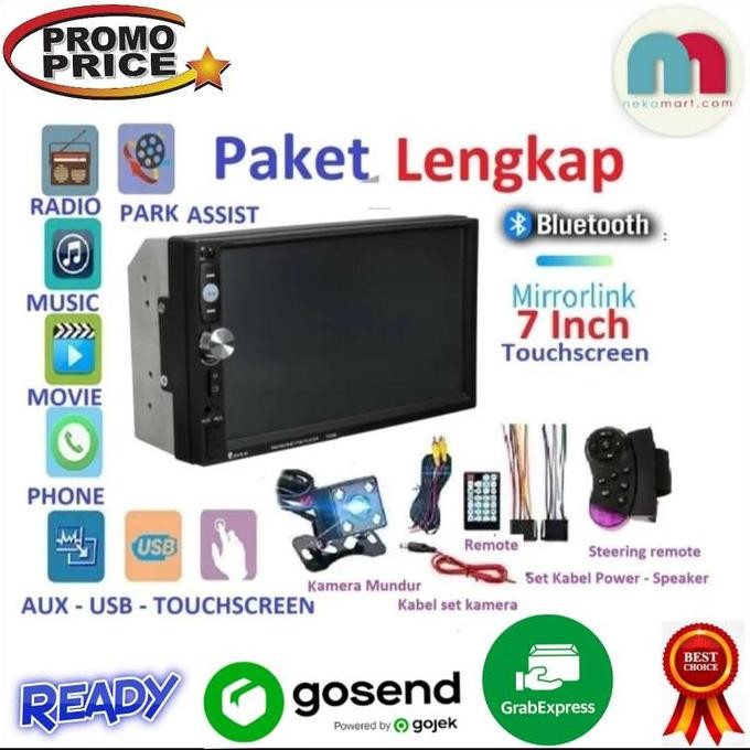 Paket Lengkap Tape Mobil Double Din 7 Inch Kamera Mundur Remote Setir murah