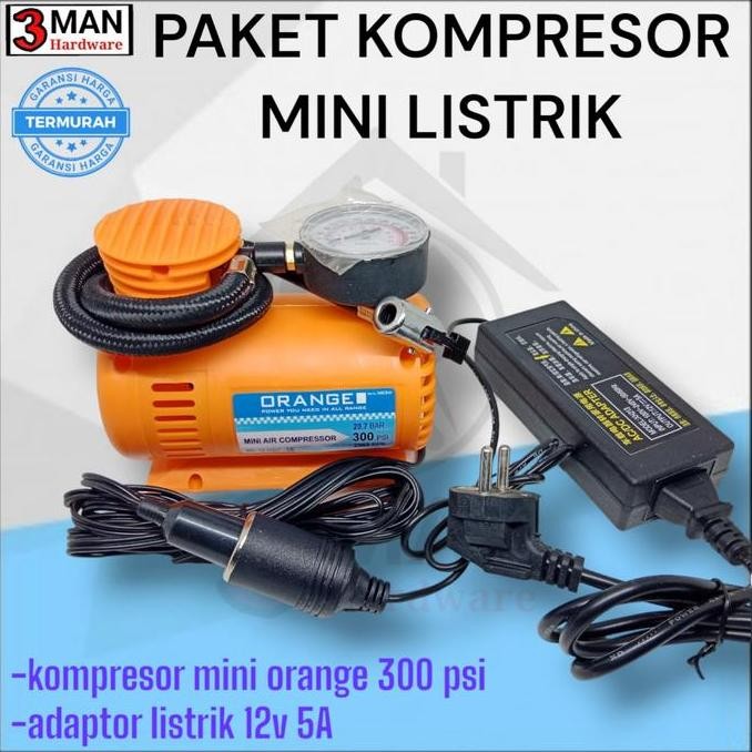 Paket kompresor mini Power Listrik 12v orange set pompa Ban mobil motor, balon, bebek terlaris