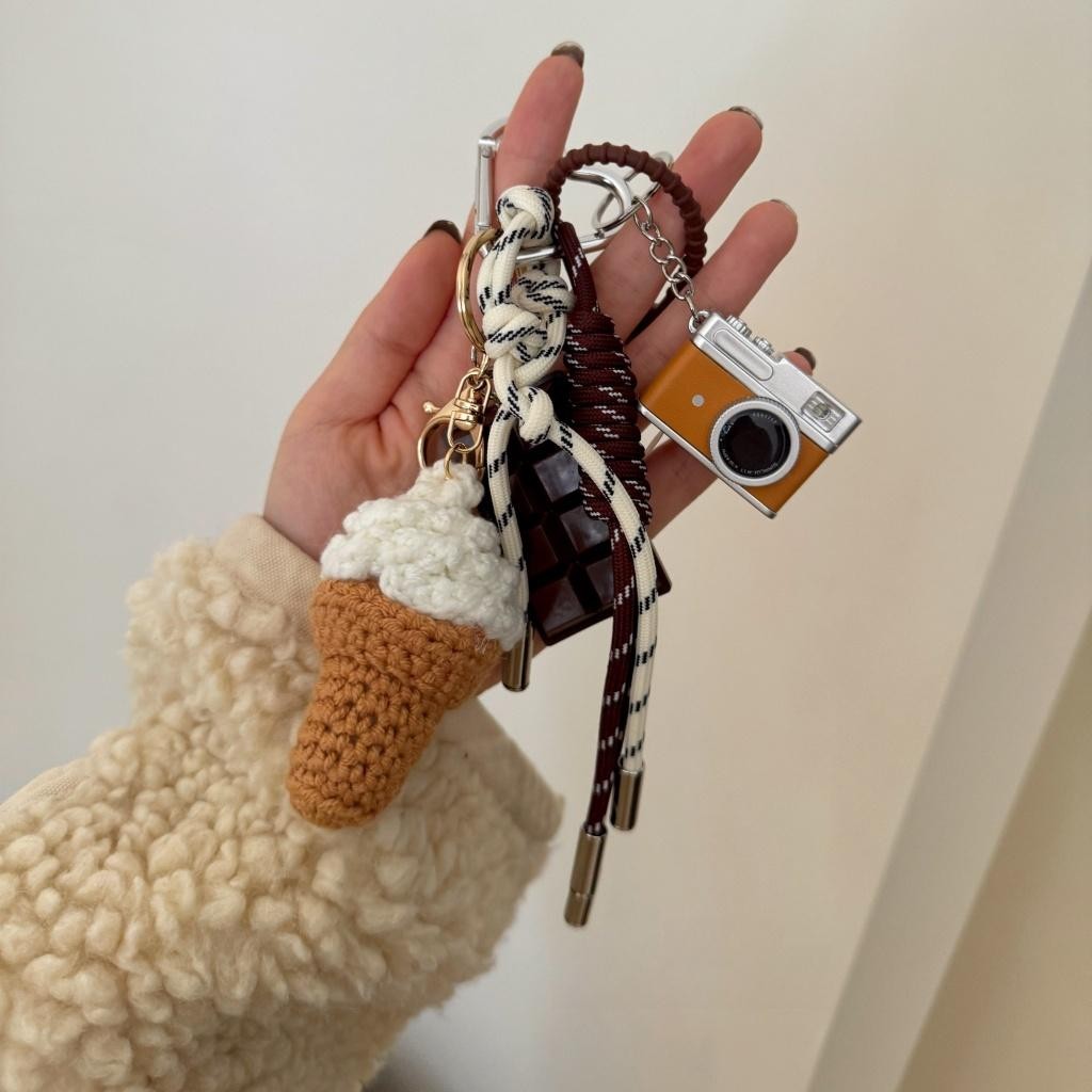 Gantungan Kunci Es Krim Coklat/Kamera Sandwich Anjing Dachshund Keychain/Liontin Anyaman/Gantungan K