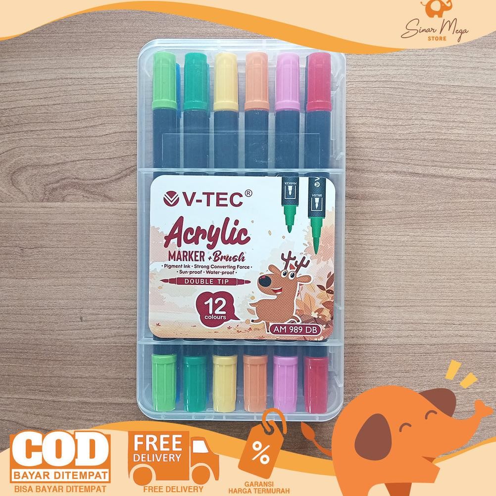 

VTEC Acrylic Marker Brush 12 color AM 989 DB Spidol Akrilik Warna 2 in 1 Waterproof Murah DiM
