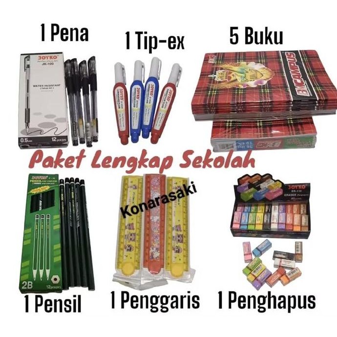 

Paket Sekolah Lengkap Dengan 10 Buku Ampus, 2 Pulpen, 2 Pensil, 2 Penghapus, 2 Tip Ex, 1 Penggaris Stationery New Stok