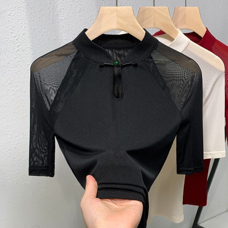 Lengan Jala Gaya Cina Wanita Berkualitas Tinggi T Baju Kaos Atasan Fashionable Kancing Gaya Cina Bar