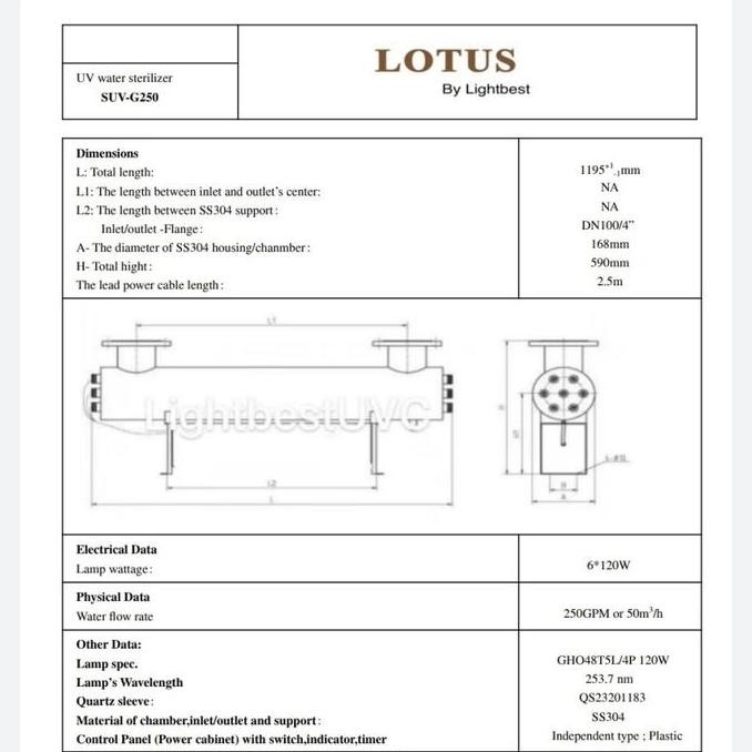 Tanias Uv Ultraviolet 250Gpm Ss + Panel 304 Uv 50M3 /Jam Uv Industri 250 Gpm Terlaris