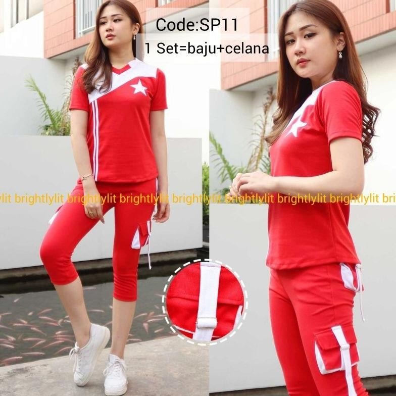 Zn Sport-setelan olahraga merah putih kantong cargo baju senam wanita