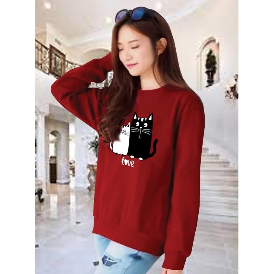 Kaos Lengan Panjang Meow Love / Kaos Sweatshirt / Atasan Wanita / Atasan Wanita Lengan Panjang / Ata
