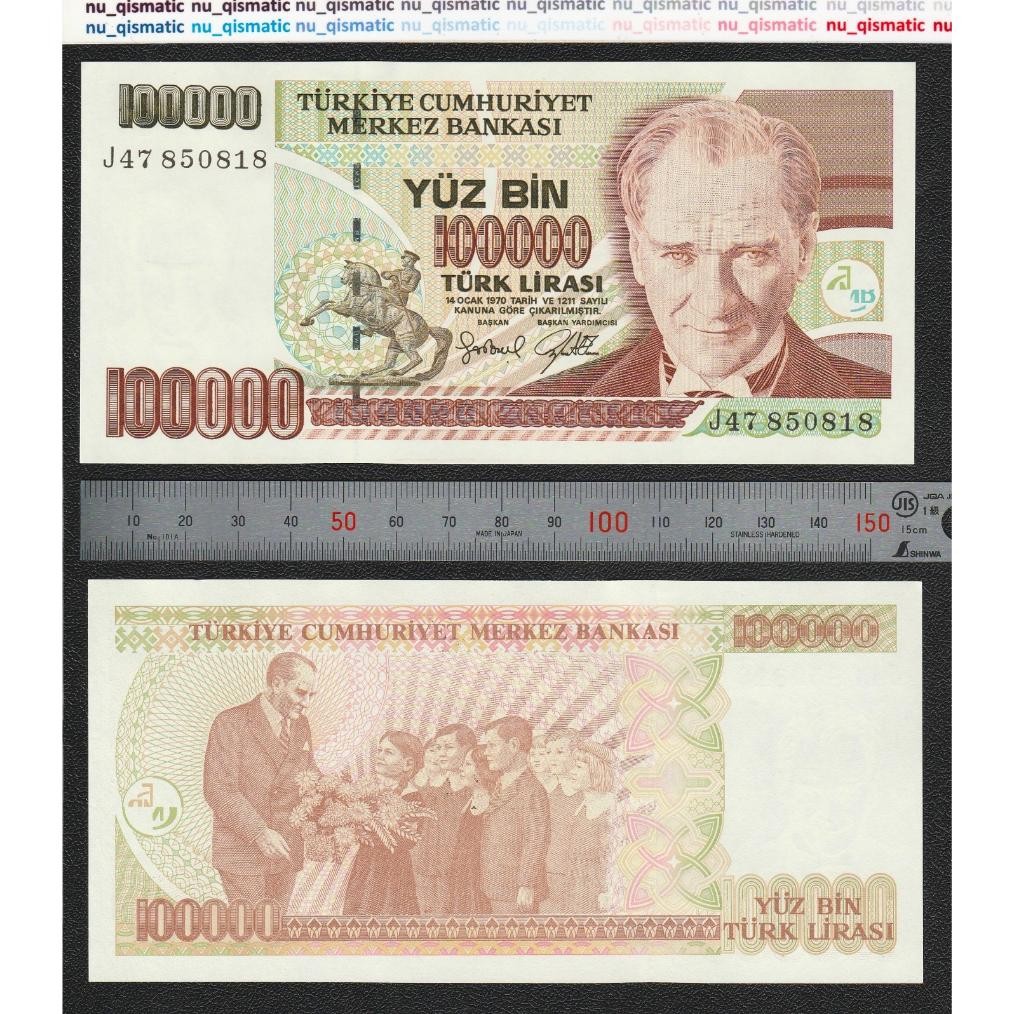 Uang Turki Turkey 100.000 100000 Lira 1996-1998, Grade UNC Baru Super Gress P# 206 DiM