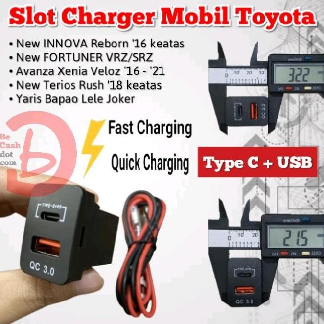 Charger Mobil Dual USB + Type C Fast Charging Toyota Innova Fortuner Yaris Avanza Original