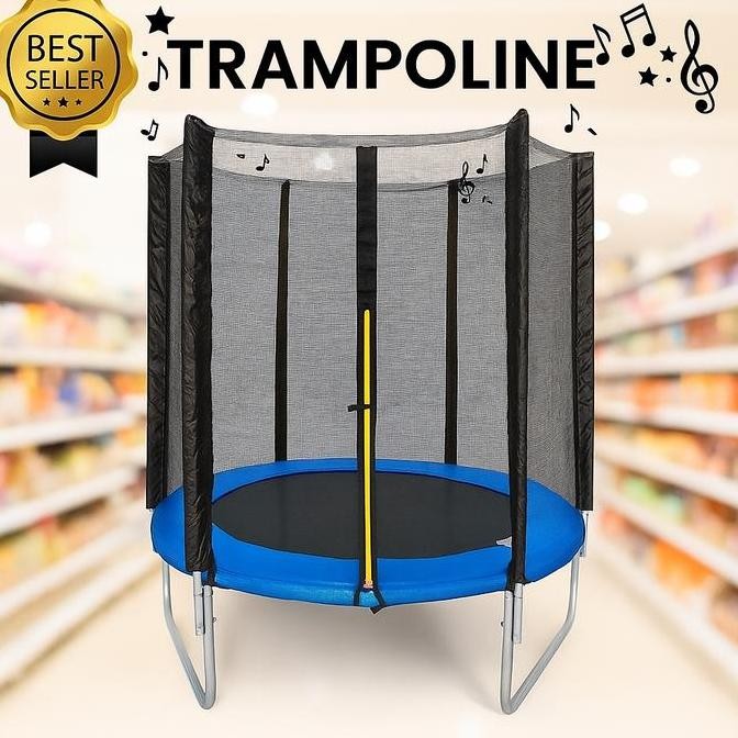 Trampolin Anak Besar Pagar Jaring Diameter 170 Cm Biru Rangka Besi