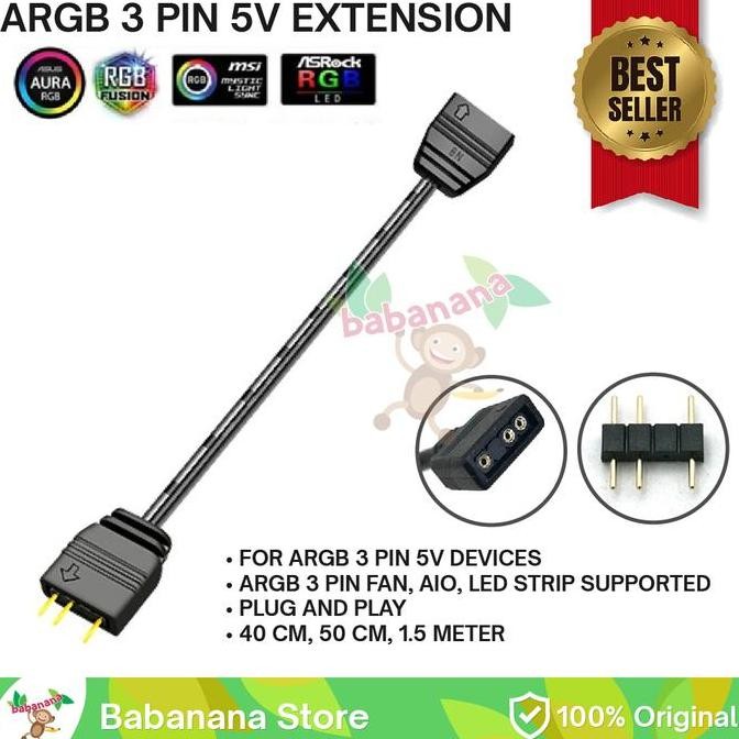 ASLI KABEL ARGB EXTENSION 3PIN 5V LED AURA - KABEL EKSTENSI STRIP RGB FAN 3 PIN
