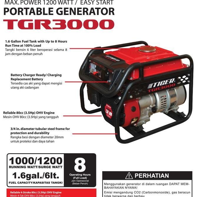Mesin Genset 1000 Watt - 1200 Watt Tiger Tgr3000 / Genset Tiger 1000 Watt