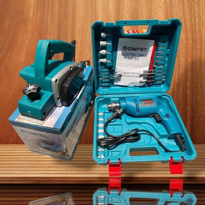 Tersedia Paket Mesin Serut Kayu & Bor 10mm Set Koper - Ketam Gimpet & Bor Listrik