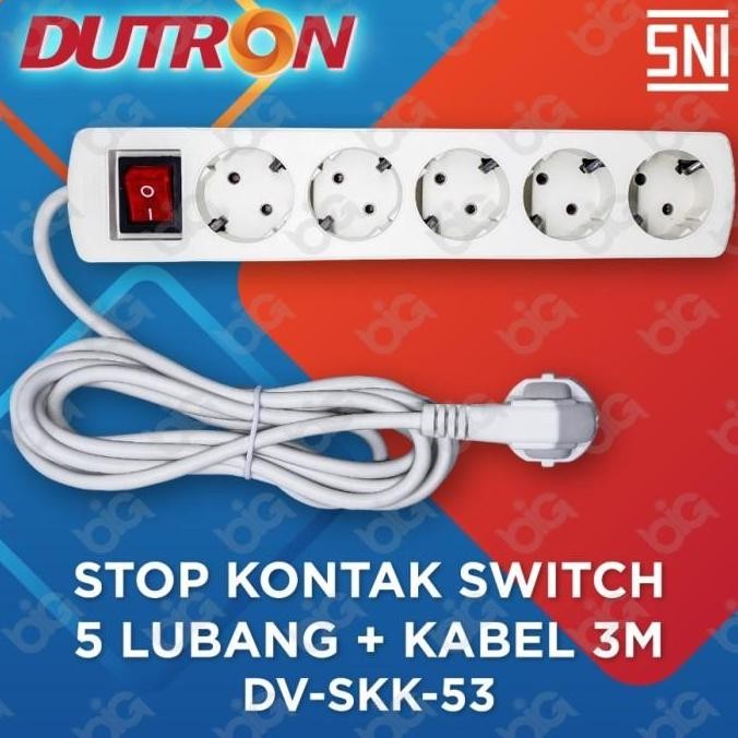 Stop Kontak Arde + Saklar + Kabel 3 Meter Dutron 5 Lubang - Dv-Skk-53