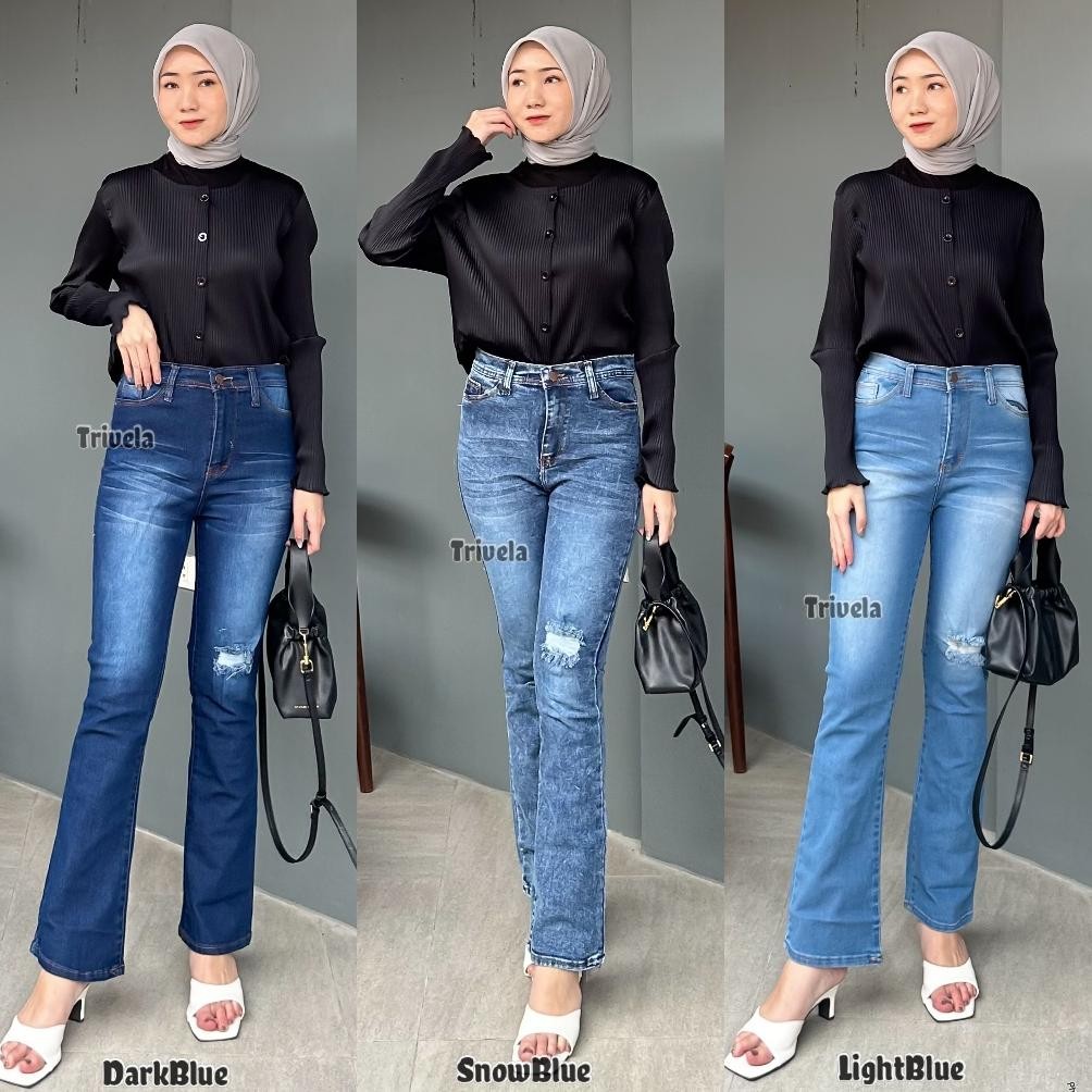 Celana Jeans Cutbray Loose Wanita Sobek Lapis Hijab Friendly Carla