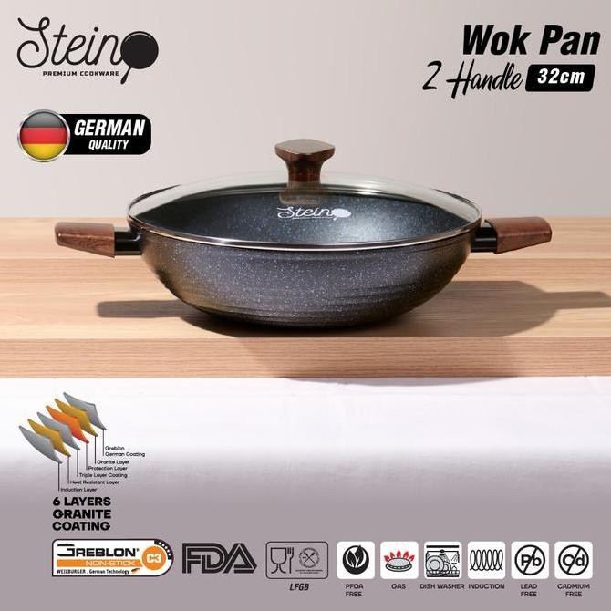 TERMURAH - [FREE NYLON]  Steincookware Stein Wok 32 cm 2 Handle Onyx Kuali 32cm Granit Original