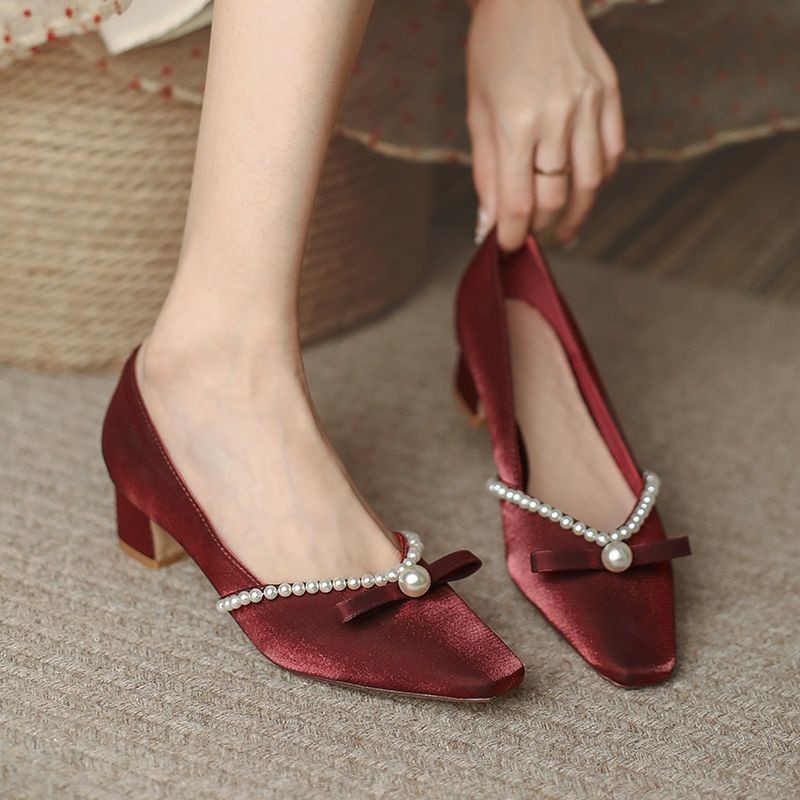 Medium Heel Crystal Pearl Xiuhe Wedding Shoes for Women/Chunky Heel Pumps/Chanel Style High Heels