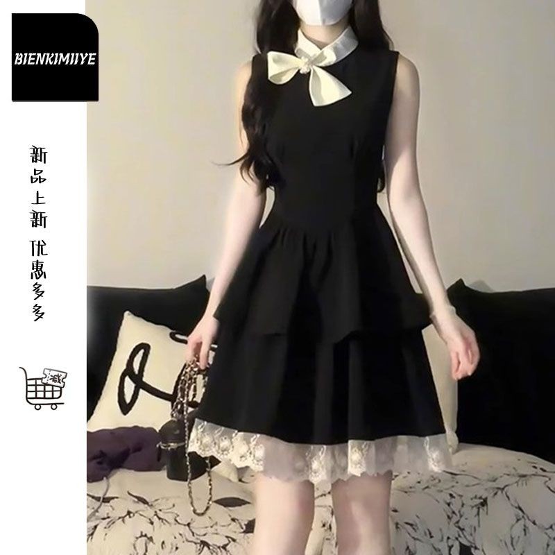 Gaun hitam elegan mewah Prancis untuk wanita