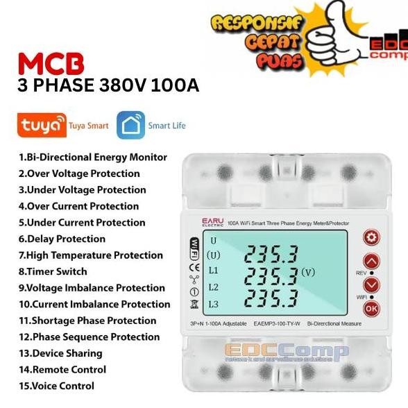 TERLARIS - Smart life Tuya Din Rail MCB 3 Phase 1 Phase ELCB remote Control kWh Meter Watt Meter Dig