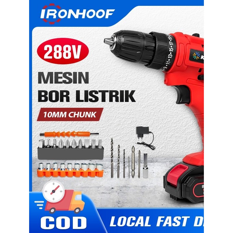 Kunpas Mesin Bor Listrik 288V Cordless Impact Bor Baterai bor beton Bor case Bor Impact Baterai