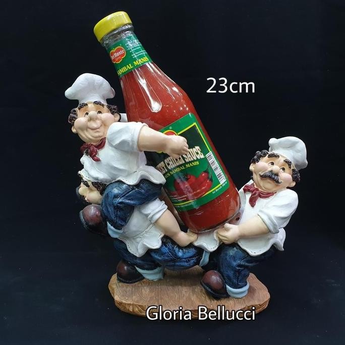 

patung pajangan koki 3 chef botol tempat aqua sambal kecap beer