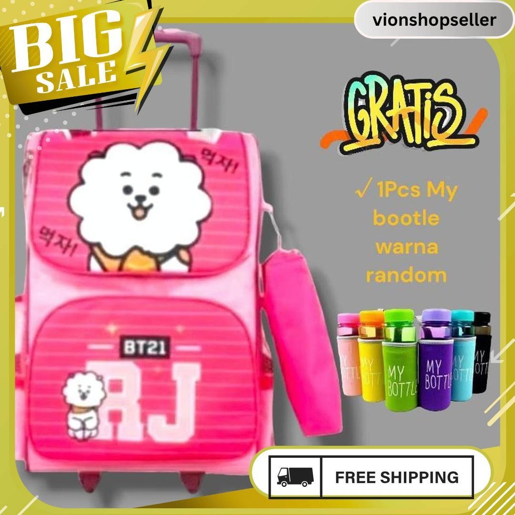 Tas Dorong Ransel Trolly Roda Anak Perempuan Kelas Sd Tk Motif Bt21 Bts Meledak