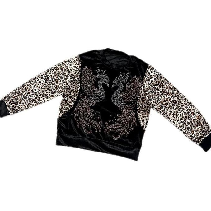 Sweater leopard velvet bludru blink lengan panjang Wanita