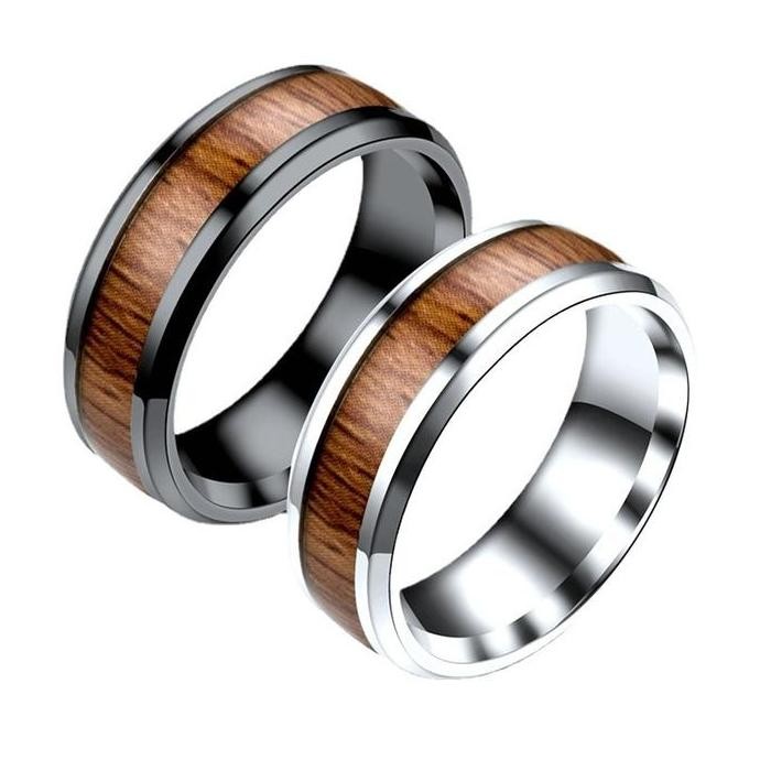 New Collection - Cincin Pria Hitam Silver Titanium Anti Karat Motif Kayu Men Ring C109