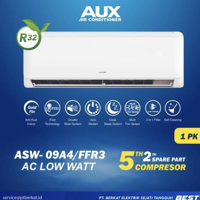 baru aux ac split 1 pk low watt asw-9b4ffr3 free pasang hemat listrik