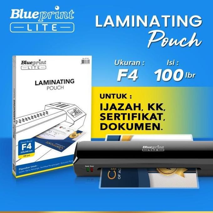 

PLASTIK LAMINATING PANAS BLUEPRINT LITE A4 & F4 ISI 100 LEMBAR POUCH FILM GLOSSY ASLI