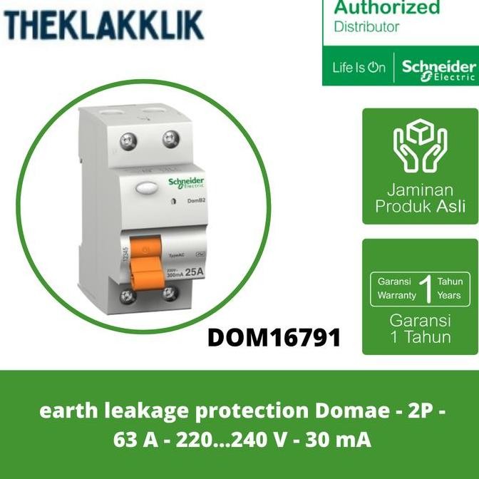 baru elcb schneider dom16791 2p 63a 30ma ac proteksi listrik domae original