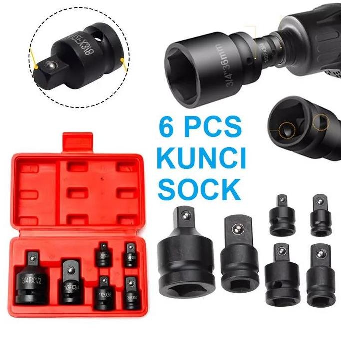 New Adaptor Sambungan Kunci Sock 6 Pcs - Set Shock 1/4 3/8 1/2 3/4 Mata Sok Serbaguna