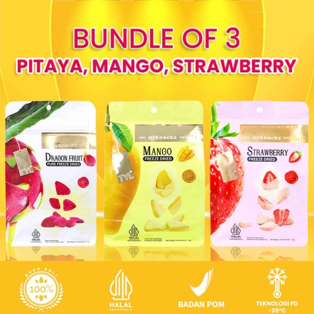 

READY STOCK [BEST SELLER] URSNACKS Bundle Of 3 - Freeze Dried Keripik Sehat naga + Mango + Strawberry ORI!