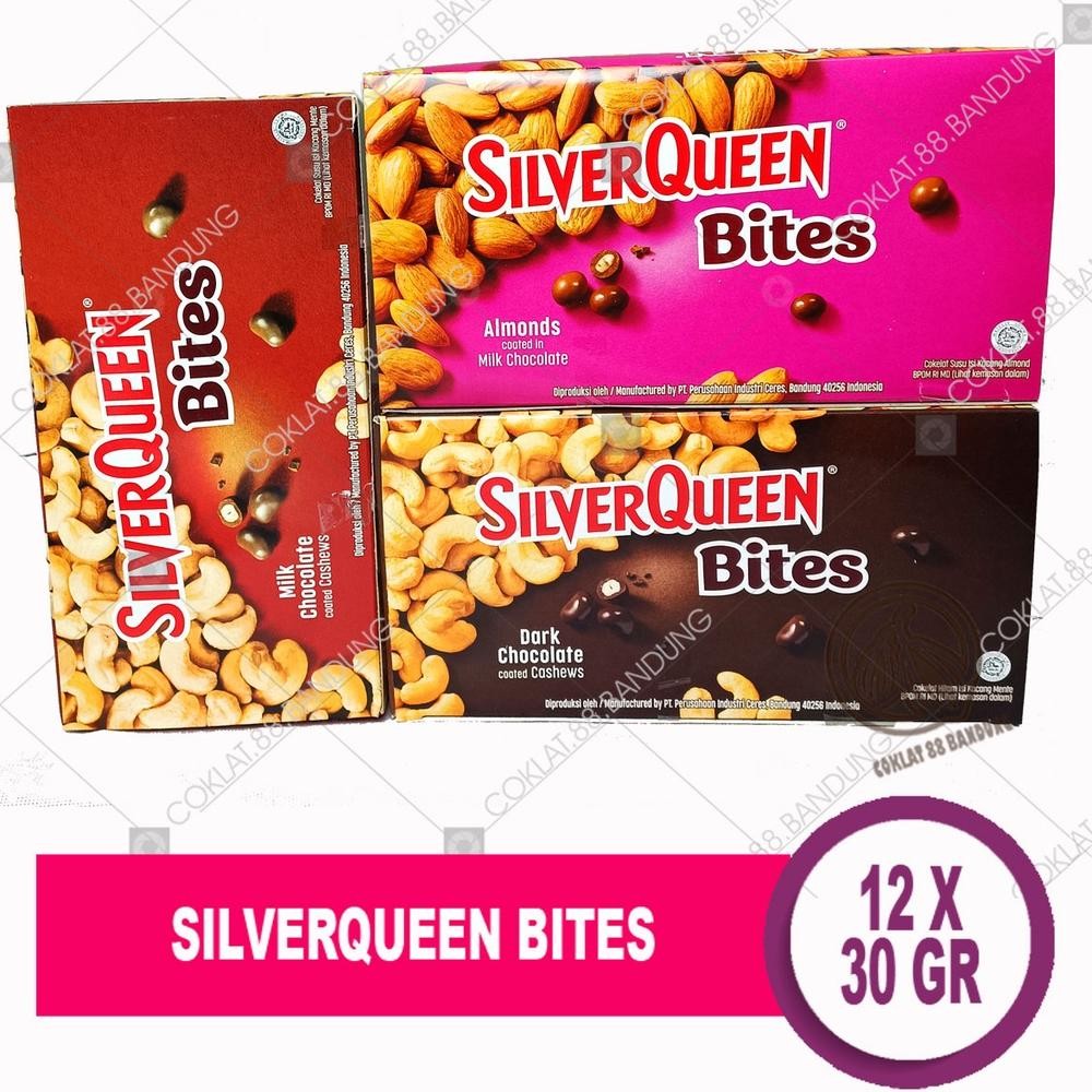 

SILVERQUEEN BITES 1 BOX ISI 12 PCS ALMOND MEDE DARK 30GR, SILVER QUEEN BITES CASHEW 12 X 30 GR Nugi