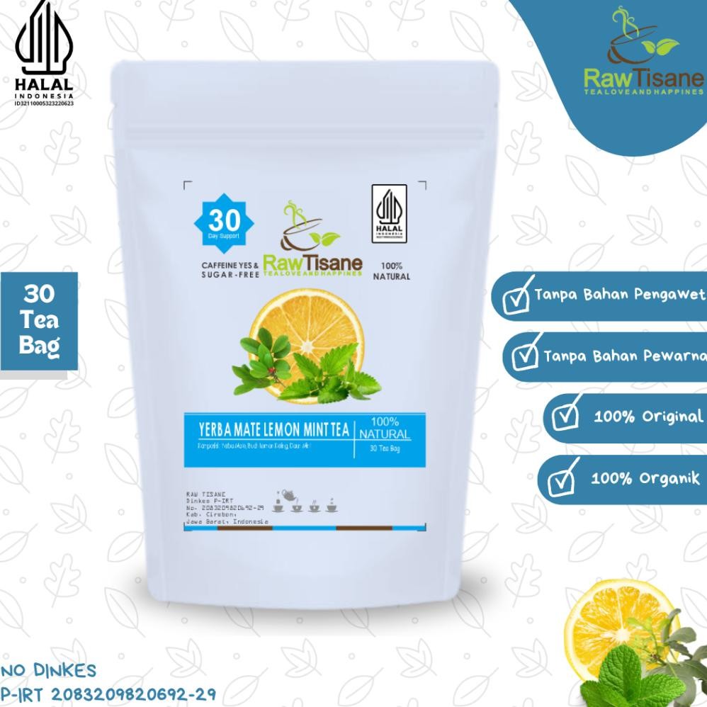

RAW TISANE Yerba Mate Lemon Mint Tea : Teh Daun Yerba Mate, Buah Lemon Kering, Daun Mint Isi 30 Tea Bag Nugi