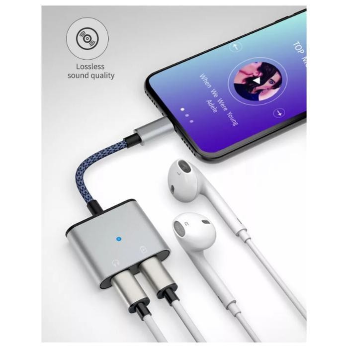 Splitter Lightning To Lightning 2 In 1 Mh386 - Converter Audio Charger Adaptor On Mic Colokan Gray A