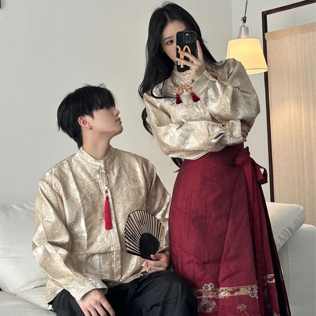New Chinese Style Couple Outfit Jacquard Shirt Hanfu Button Skirt Set
