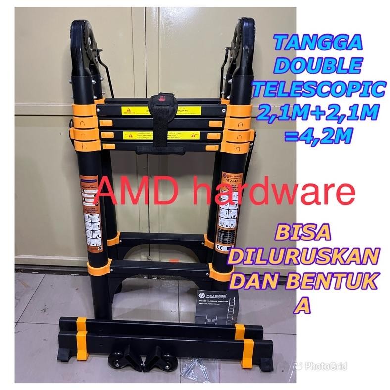 Terlaris Tangga Double Telescopic 2.1+2.1= 4.2M Bisa Diluruskan 2,1M X 2,1 M Kualitas Premium Double