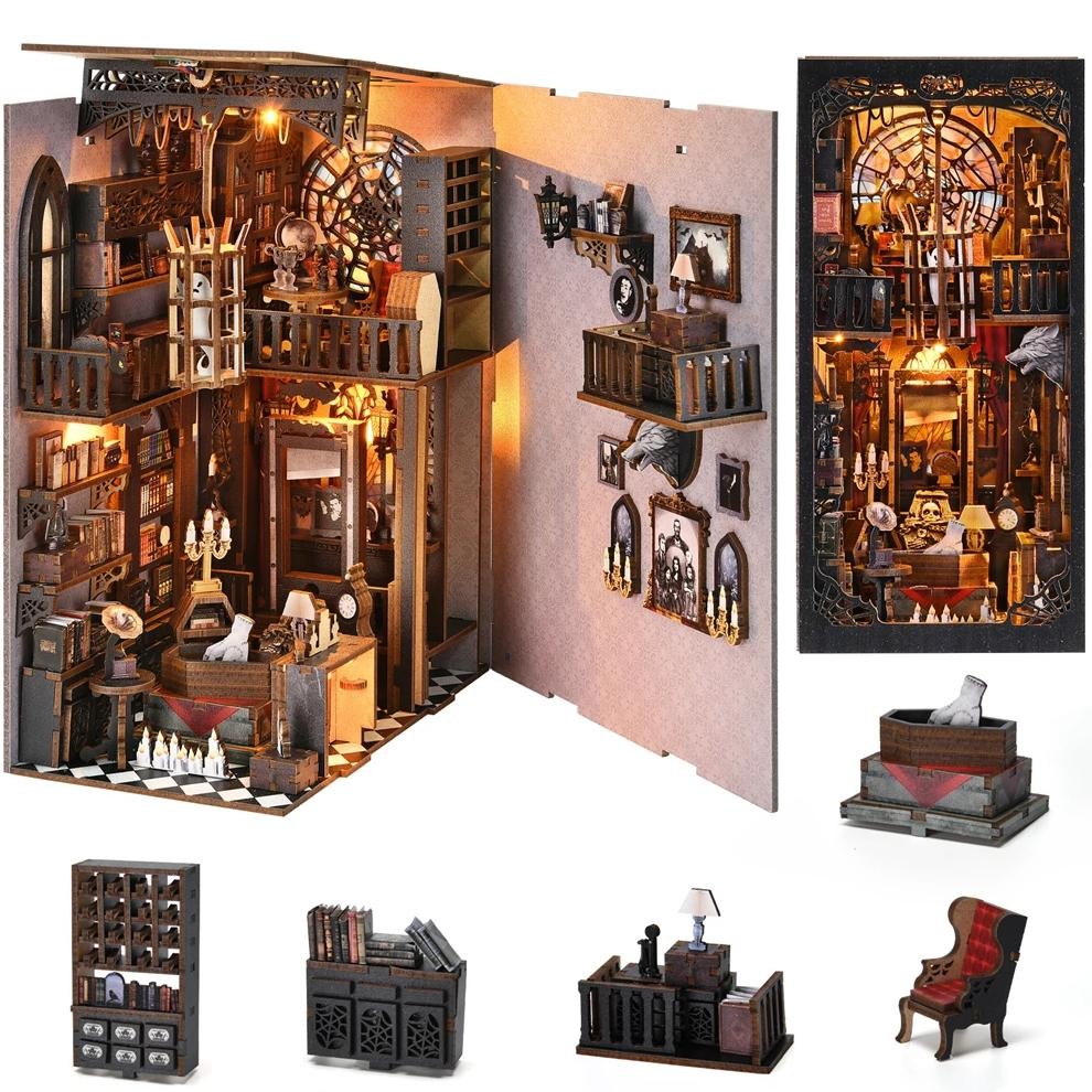 

(PO) Book Nook Kit Wednesday 3D Wooden Puzzle DIY Home Decoration For Bookshelf Miniature Insert Magic Book House Stand Bookshelf