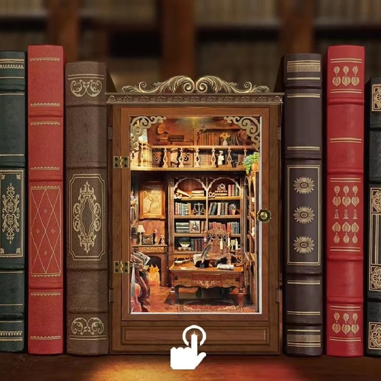

(PO) Retro DIY Wooden Book Nook Figurines Miniatures Kits Time Book House Bookshelf Home Bookend Decoration For Adult Handmade Gifts