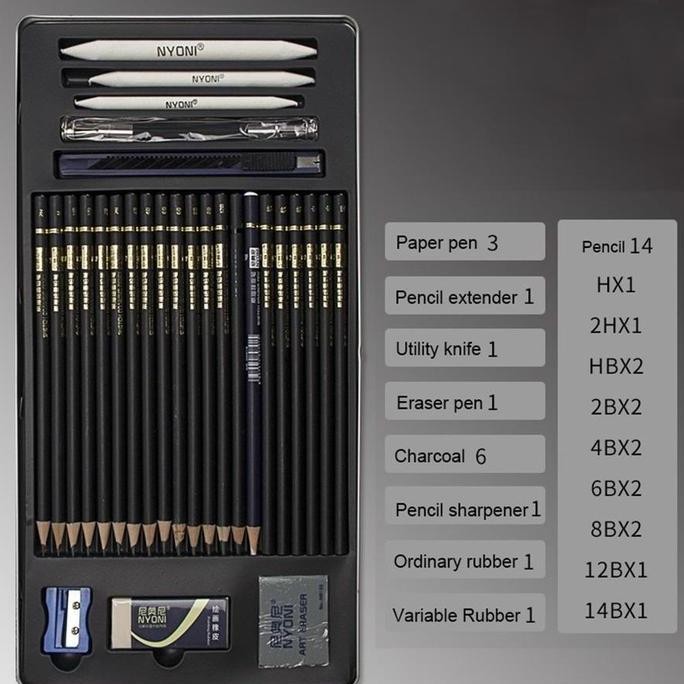 

Drawing Pencil Nyoni Gambar Set 29pcs Metal Tin Box Pensil Gambar Lukis Sketsa Lengkap Paket Lukisan Pena
