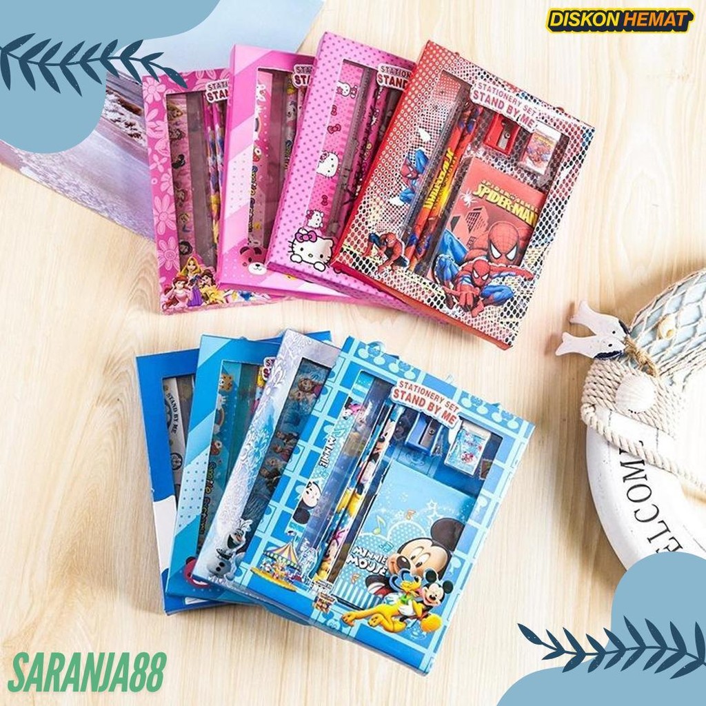 

Alat Tulis 6In1 + Notes Karakter Lucu / Paket Lengkap Kotak Box Pensil Penghapus Penggaris Rautan Buku Gambar Kartun Imut / Set Mini Stationery Character Isi 6 Pcs Atk Perlengkapan Anak Sekolah Hadiah Kado Ulang Tahun Souvenir Spiderman Mickey Mouse Mini