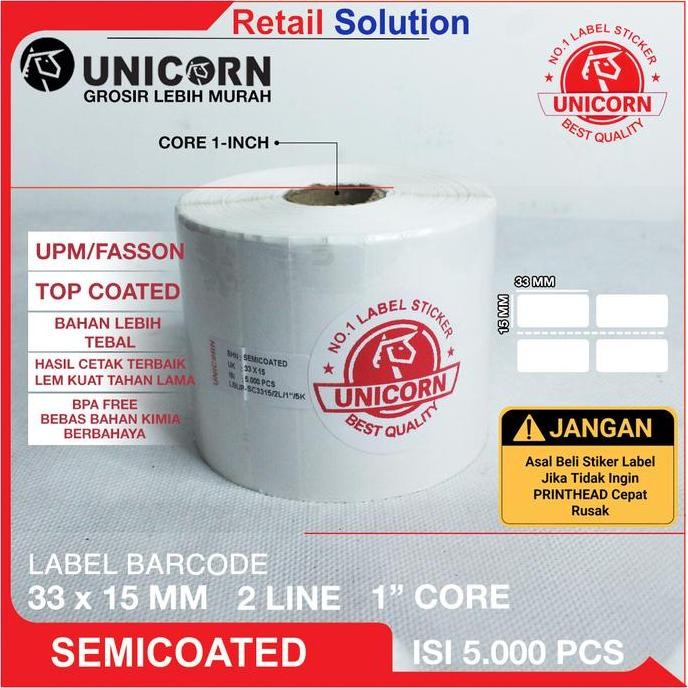 

Unicorn Label Barcode Semicoat 33x15 mm / 33 x 15 mm / 33x15mm 2 LINE murah