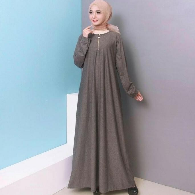 Gamis Abu Abu Big Size Polos Dress Muslim Jumbo Fashion Wanita Promo