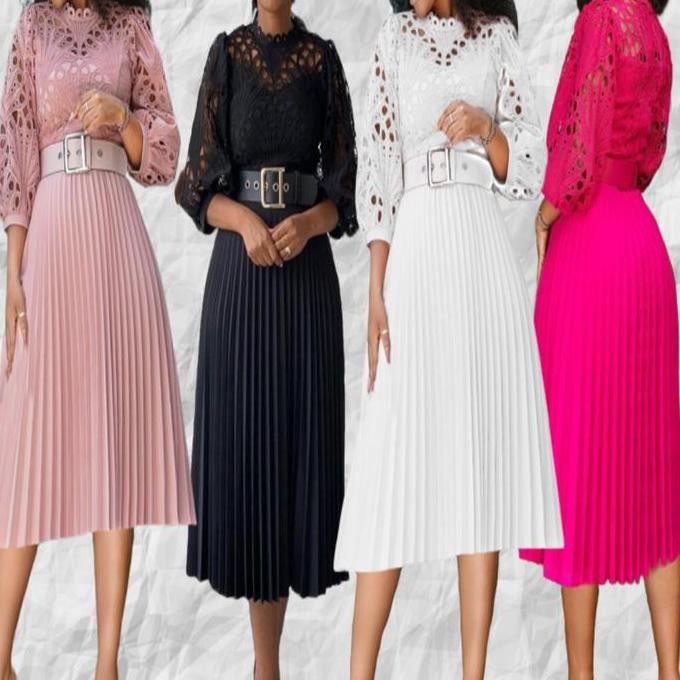 Dress pesta wanita plisket motif brokat/Gaun Formal Cantik Kondangan Mewah Panjang Hitam Pink Pendek