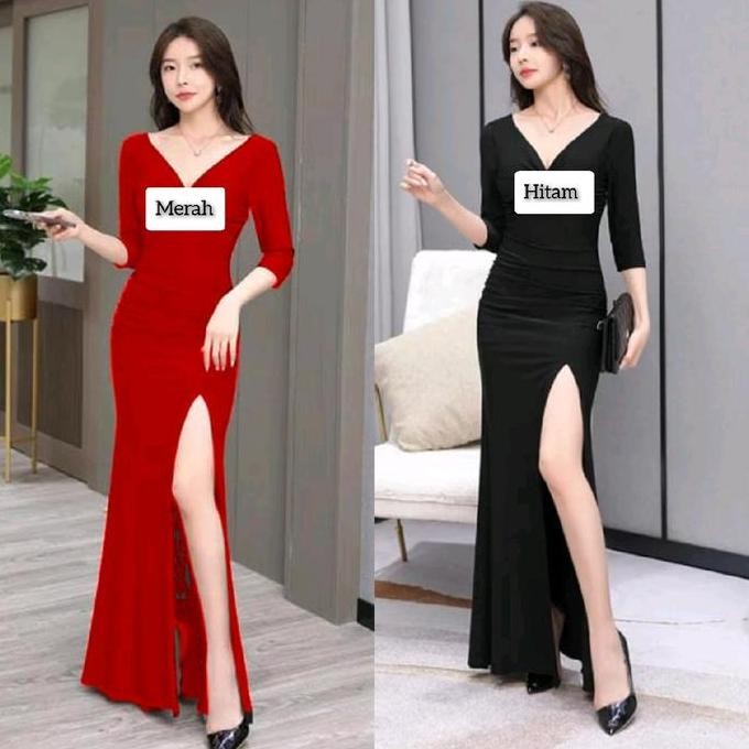 GAUN LONGDRES VELVET BLUDRU PARTY PESTA V-Neck Formal Panjang Wanita