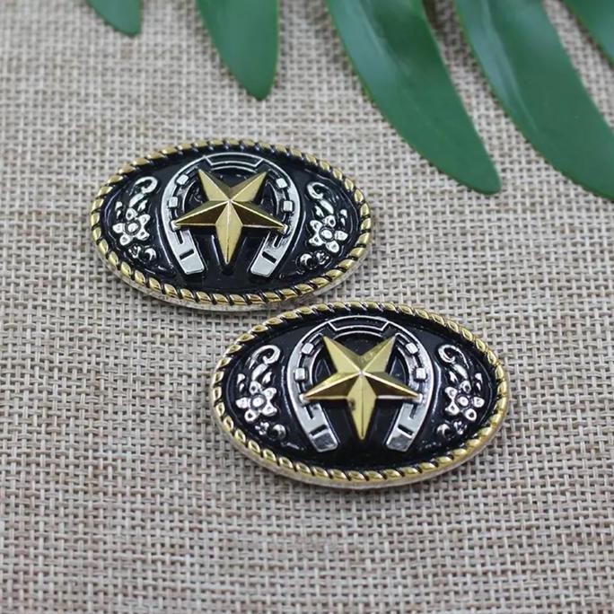 

*:*:*:*:*] Star Saddle Pattern Black-Gold Oval Double Screwback Concho | Wallet Bag Belt Leather Craft Accessories