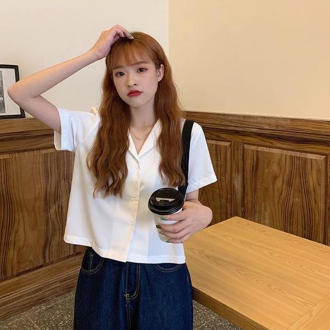 101-KEMEJA POPLIN WANITA CROP KOREA LENGAN PENDEK KASUAL/KEMEJA POPLIN CROP Katun Polos Atasan Nyama